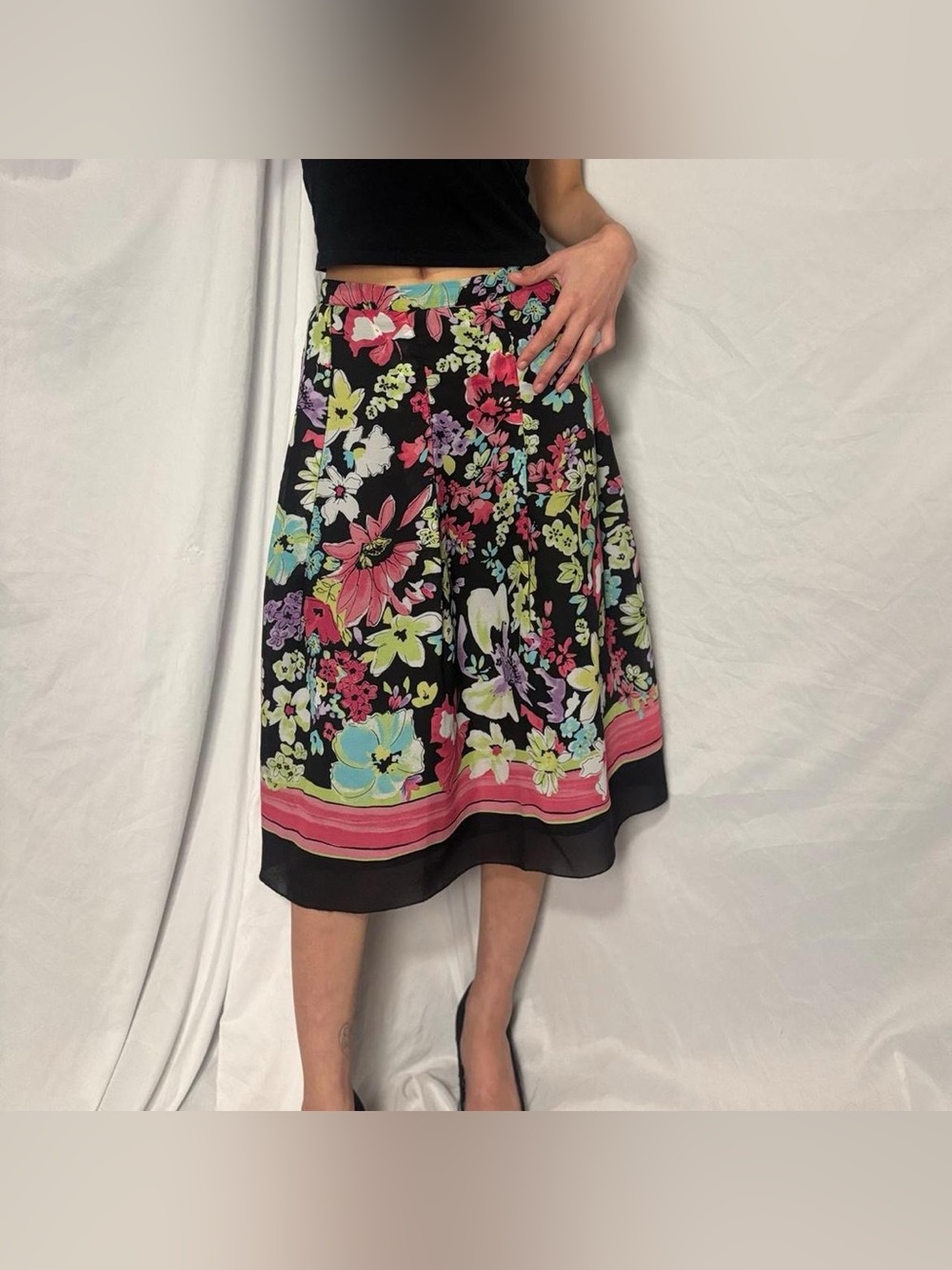 Sag Harbor Vintage Colorful Floral Pleated Midi Skirt Size 16 Petite